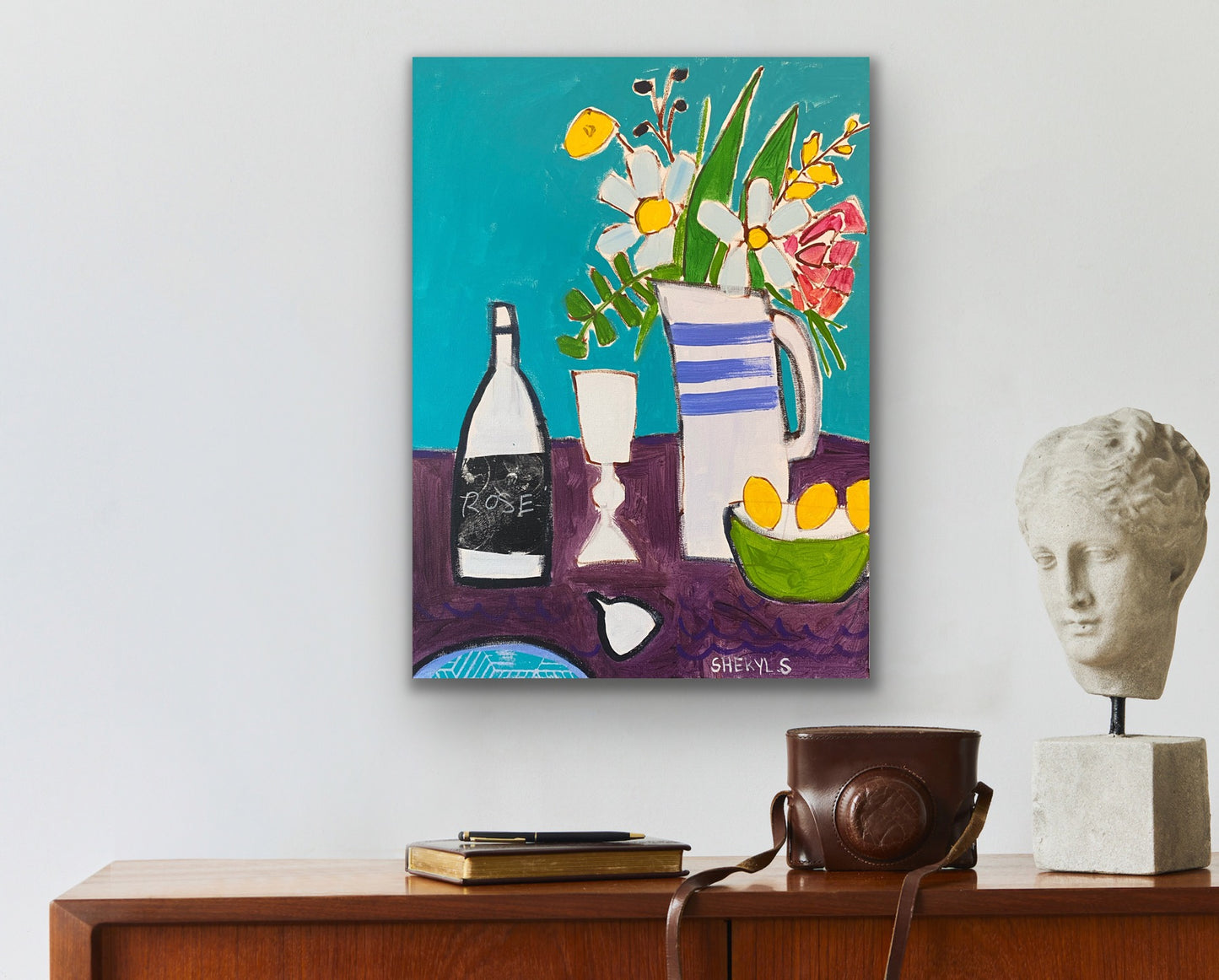 Floral Dinner for Two 18”x24” Teal and Purple / Wine and Glass / Fig / Original Art