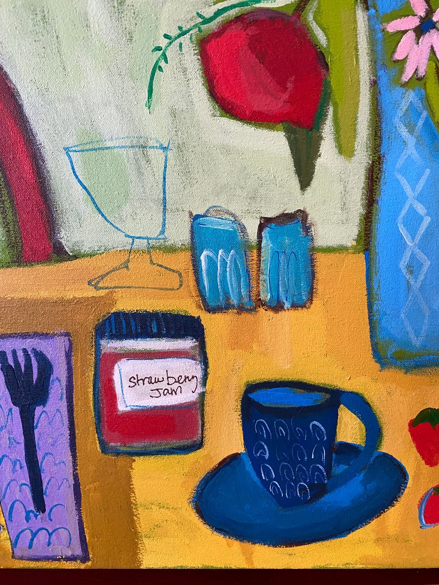 Mom’s Strawberry Jam Floral / 30”x30” Still Life Original Wall Art