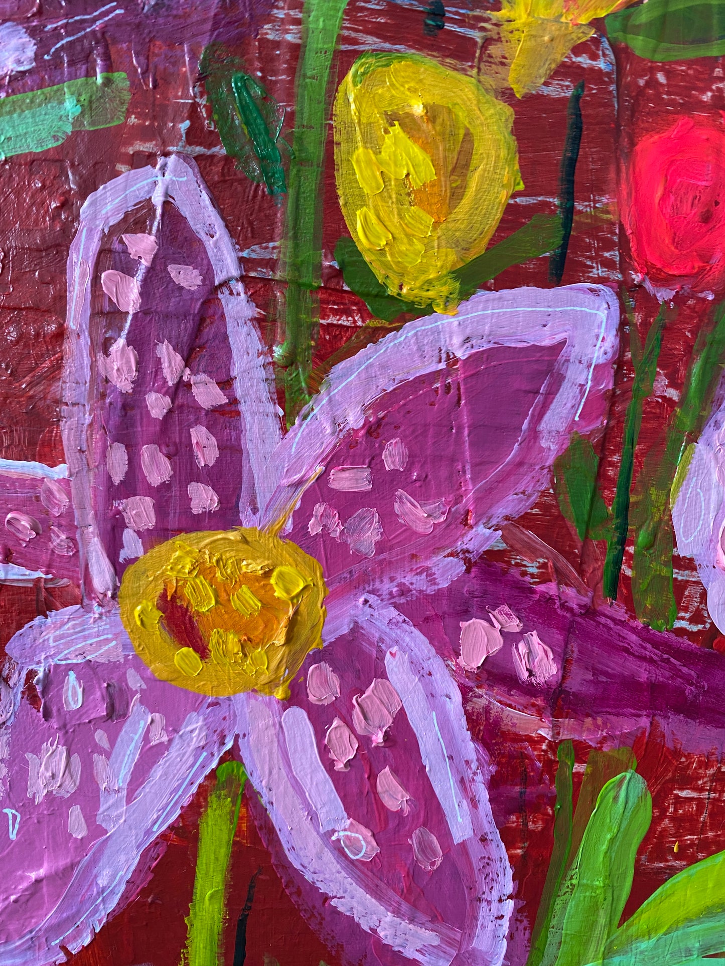 Original Art/ Plant a Seed / Warm Colours /Red Pink Orange / Abstract Botanical