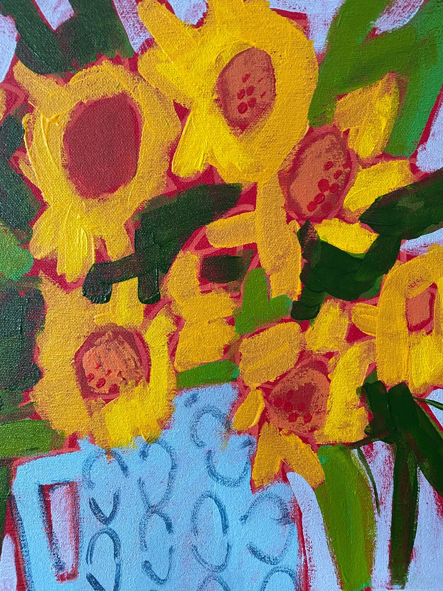 Yellow Flowers on Grey / Vibrant Still Life Wall Art