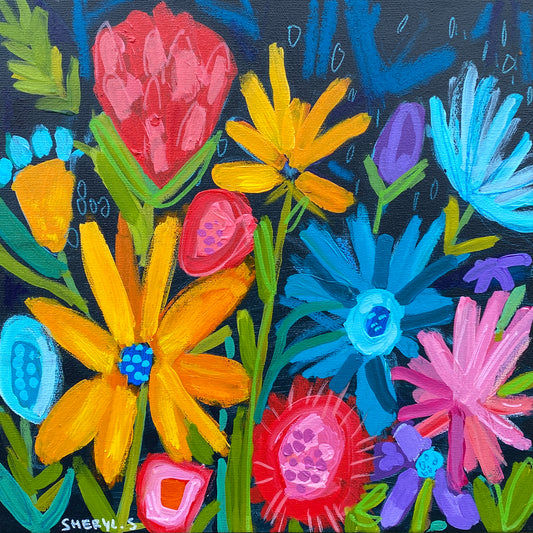 Original Art / New Growth 1 / Botanical / Black Background Yellow Red Pink Blue Flowers