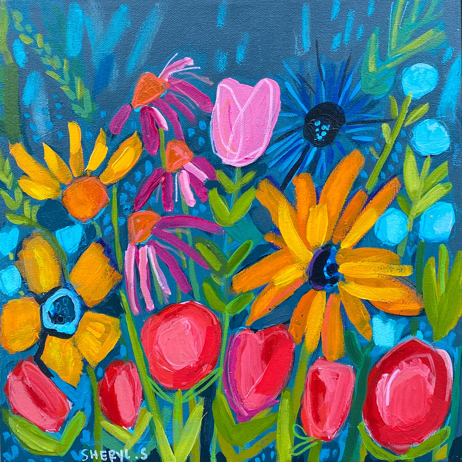 Original Art / New Growth 2 / Vibrant Modern Flowers / Slate Grey