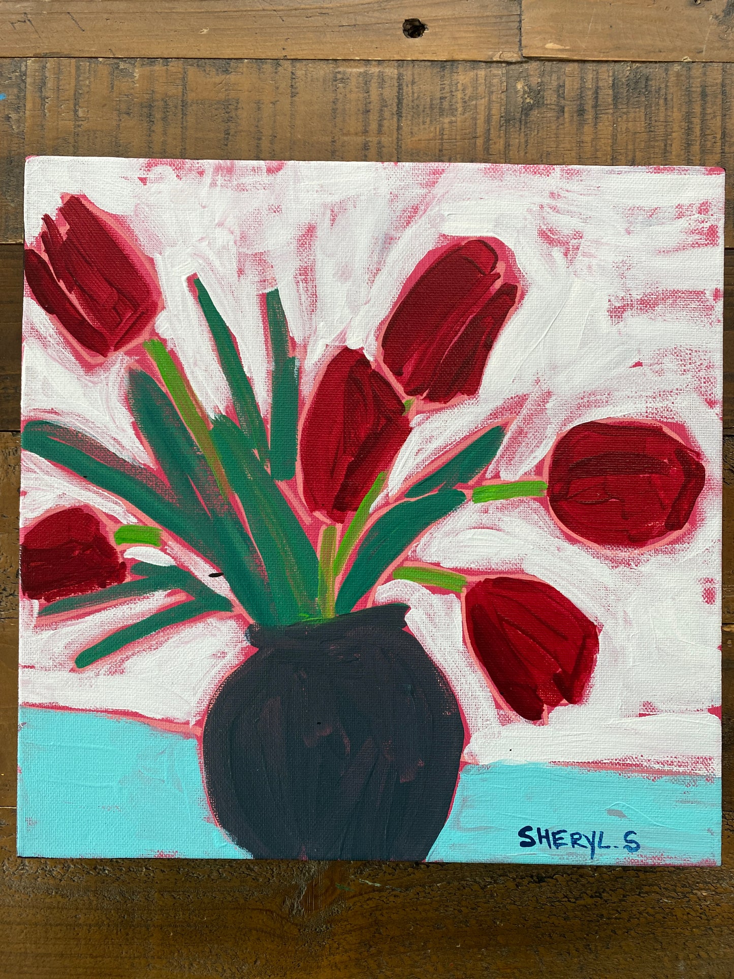 Red Tulips / Original Wall Art on Canvas 12”x12”  /