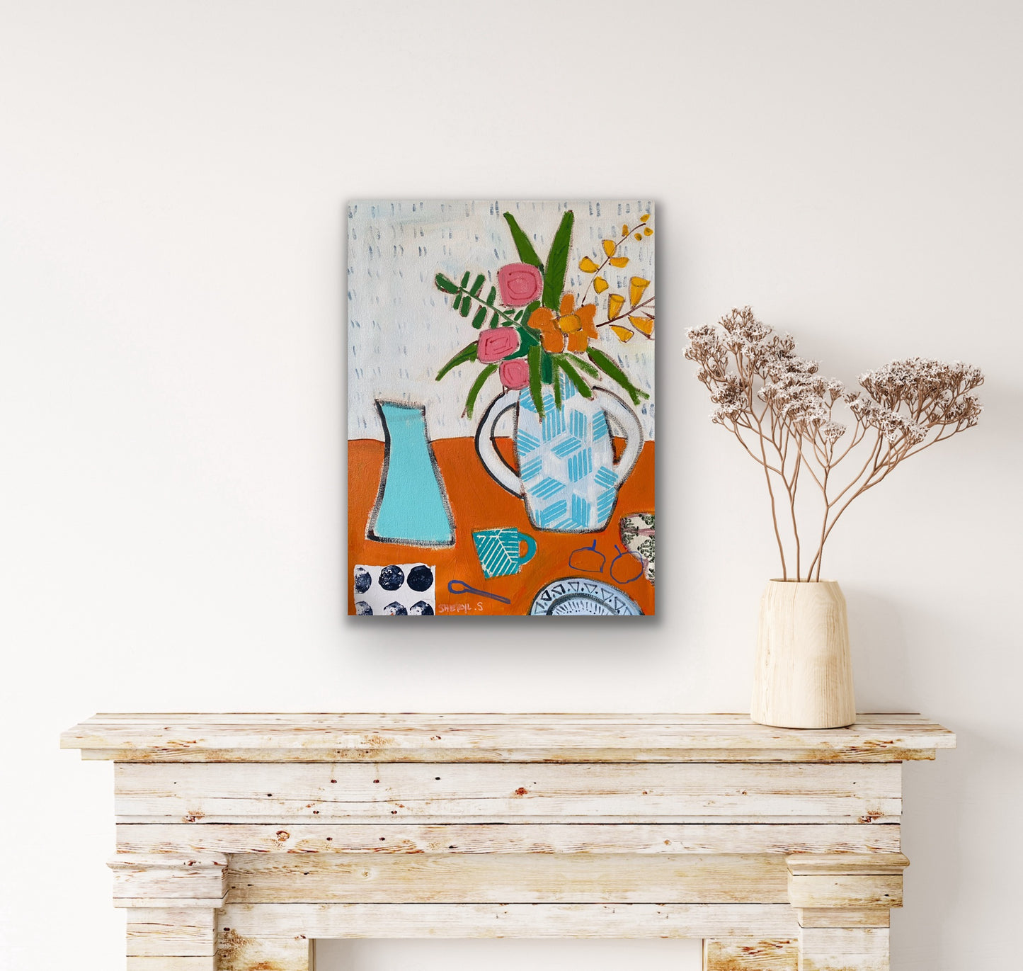 Floral with White Vase on Orange / 18”x24” / Original Painting on Canvas