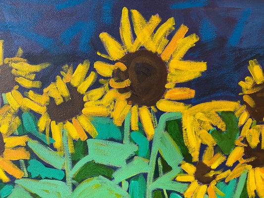 Sunflower on Navy / Original 40”x16” Horizontal Wall Art