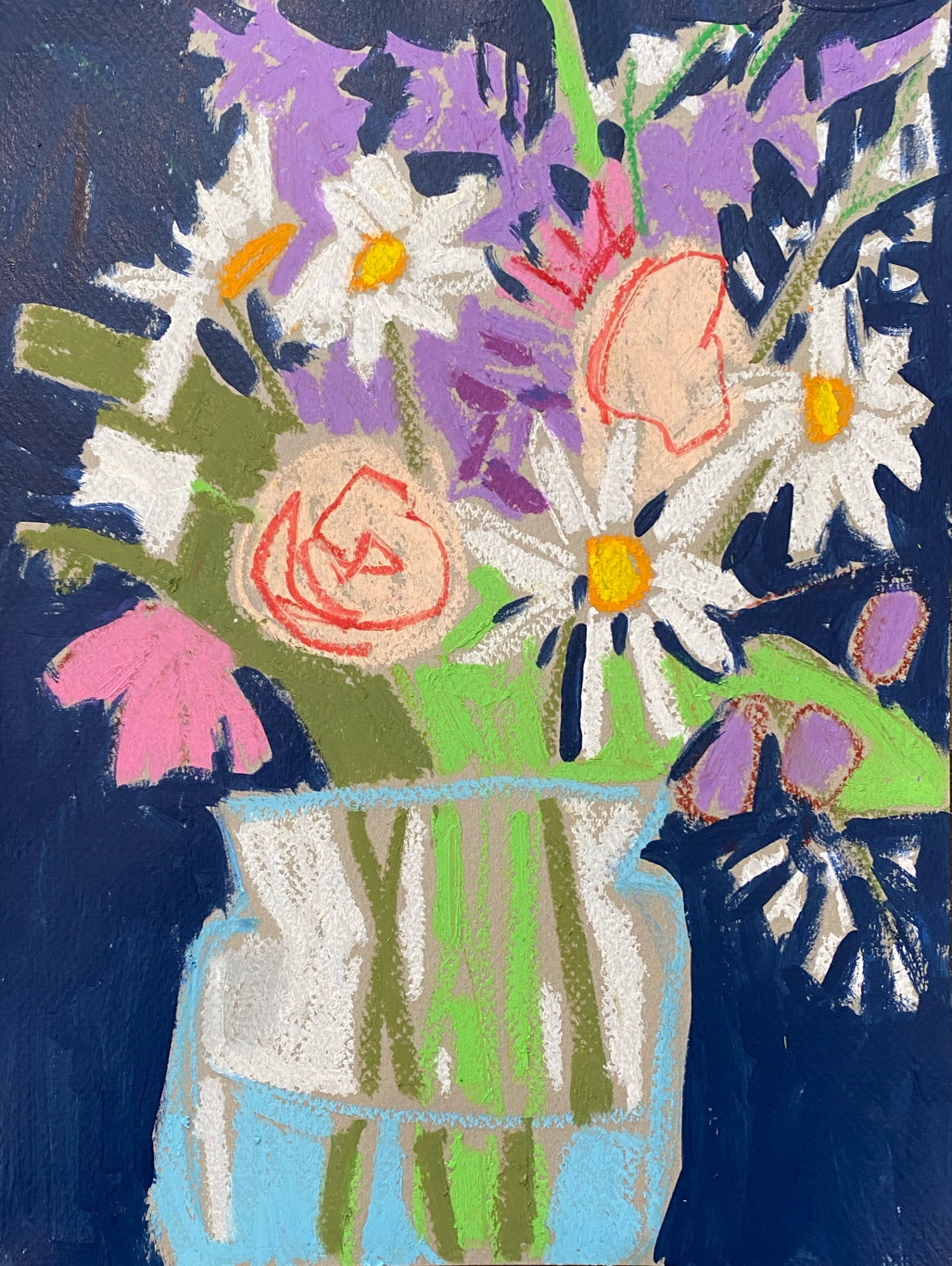 Floral on Navy Blue and Brown / Mixed Media on Paper / ORIGINAL on paper