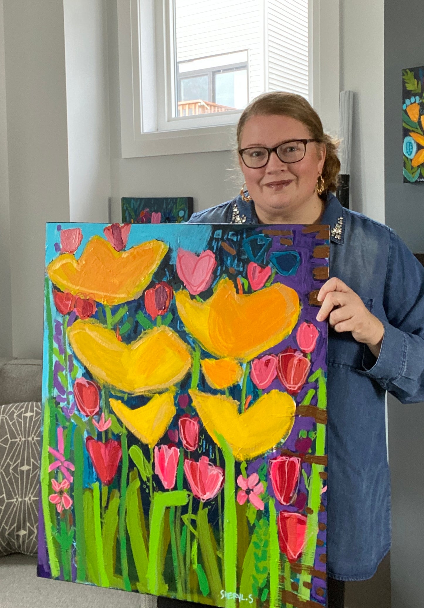 Original Art / Yellow Flowers with Pink and Red Tulips/ Botanical Wall Art