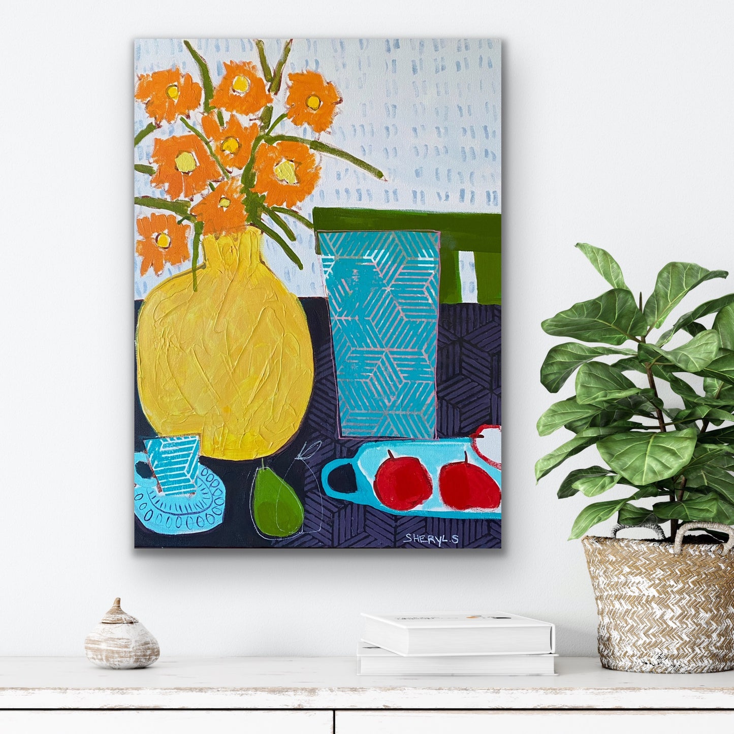Burst of Orange Flowers / Original Still Life Wall Art / Apples with Teacup and Pear