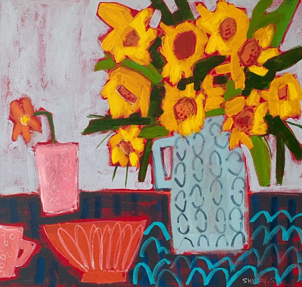 Yellow Flowers on Grey / Vibrant Still Life Wall Art