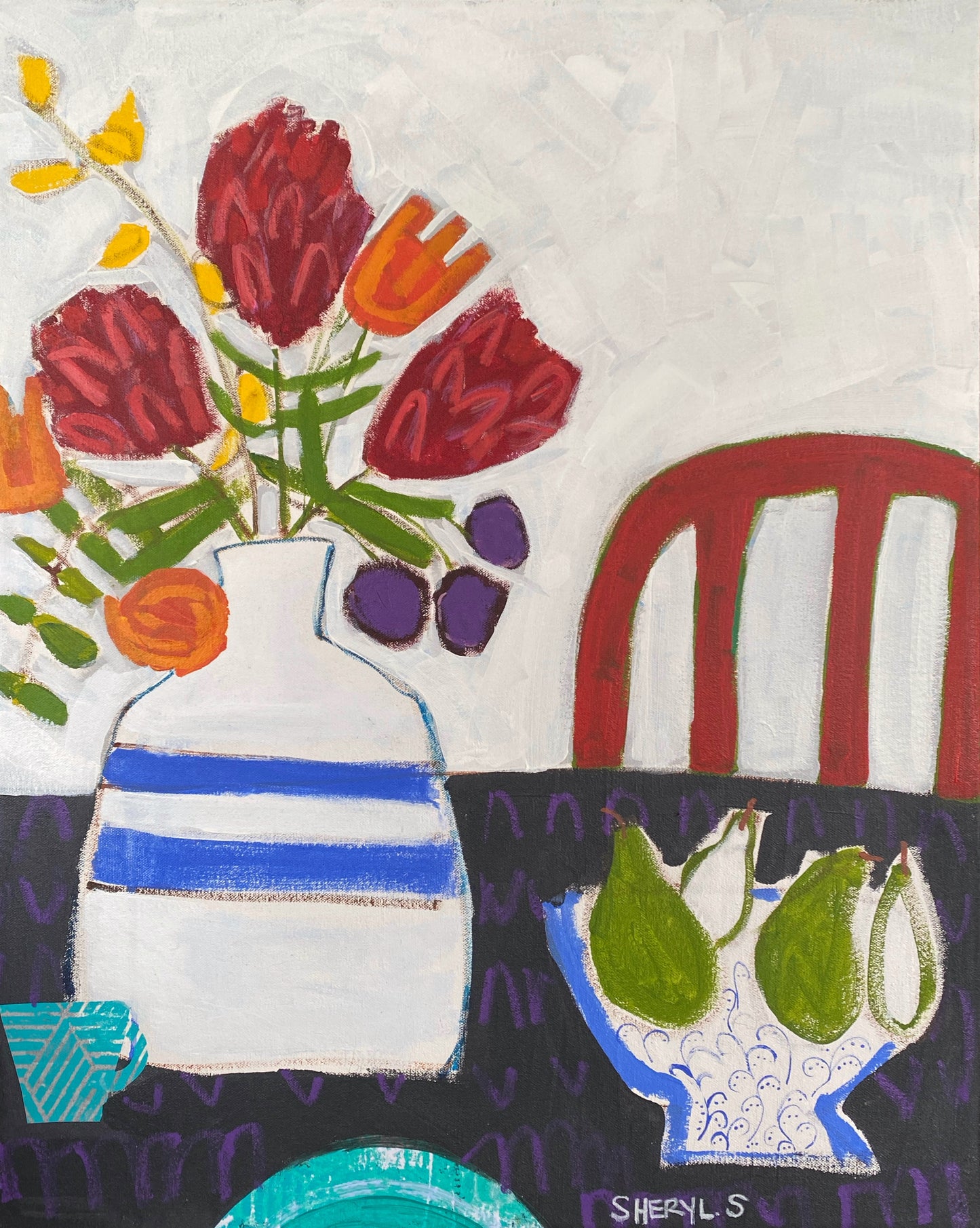 Protea on White 22”x28” /Red Chair / Bowl with Pears / Modern Floral Art for Sale on Canvas