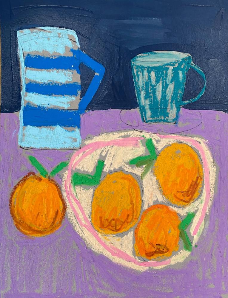 Oranges on Purple / Vase / 9"x12' / Original Wall Art on Paper