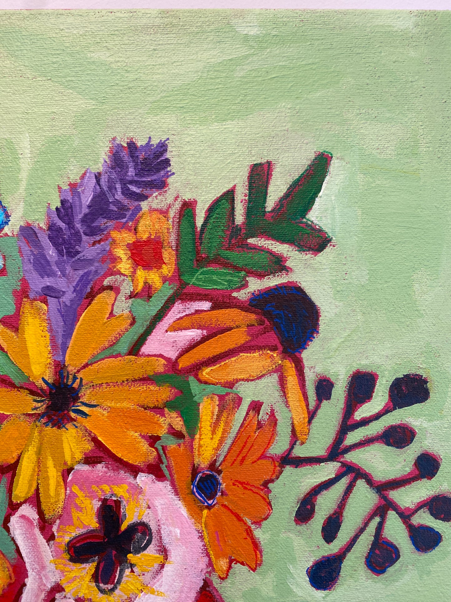 Original Wall Art / Cut Flowers in a Red Vase / Green Blue Purple / Modern Floral