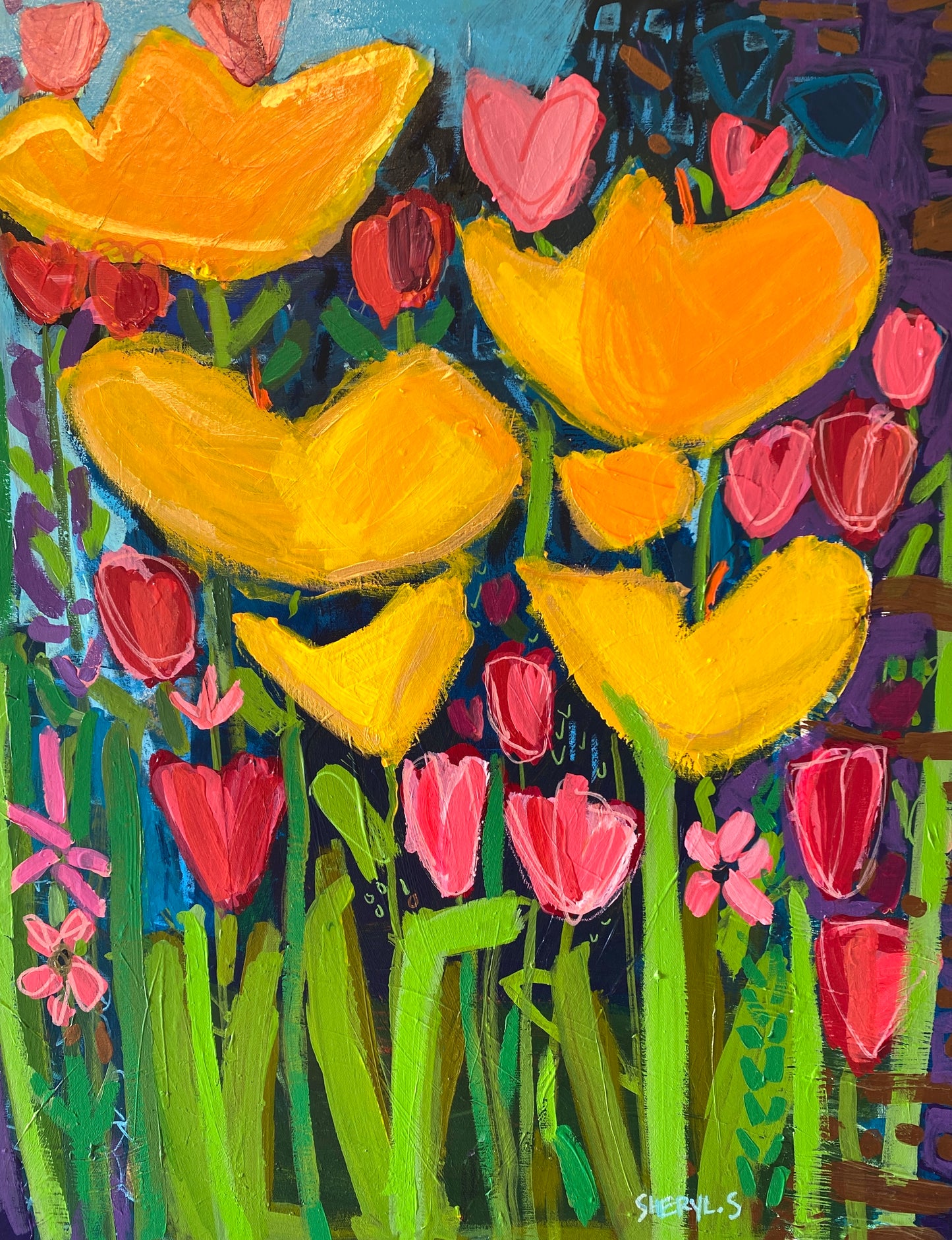 Original Art / Yellow Flowers with Pink and Red Tulips/ Botanical Wall Art