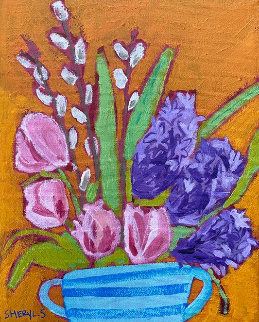 Tulips and Hyacinths on Orange / 8”x10” / Fine Art / Floral Art for Sale
