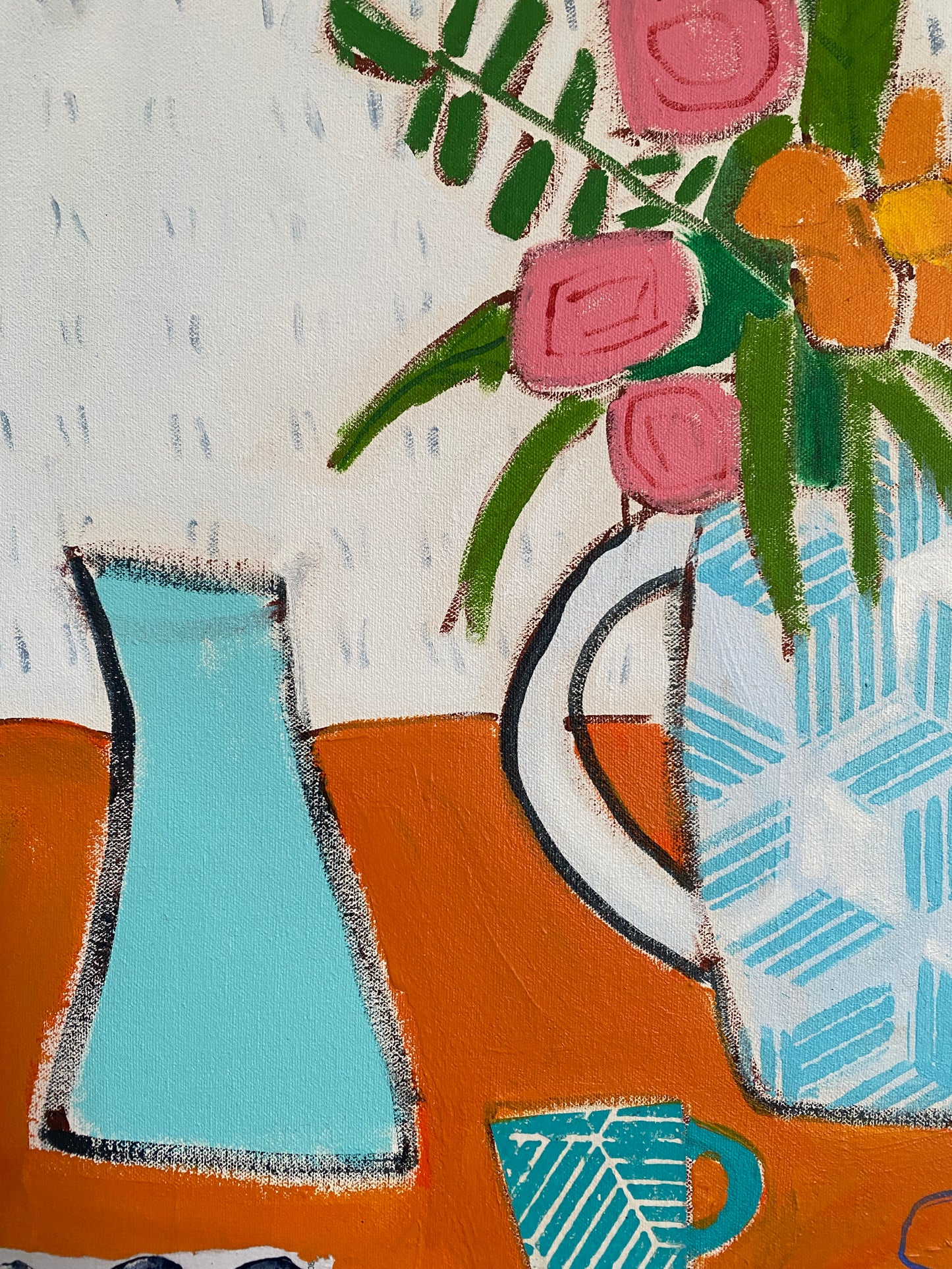 Floral with White Vase on Orange / 18”x24” / Original Painting on Canvas
