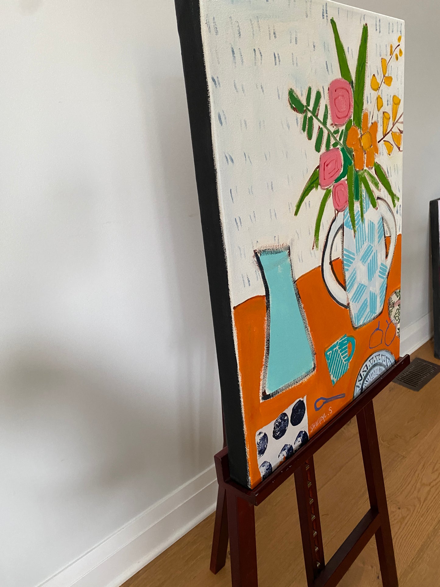 Floral with White Vase on Orange / 18”x24” / Original Painting on Canvas