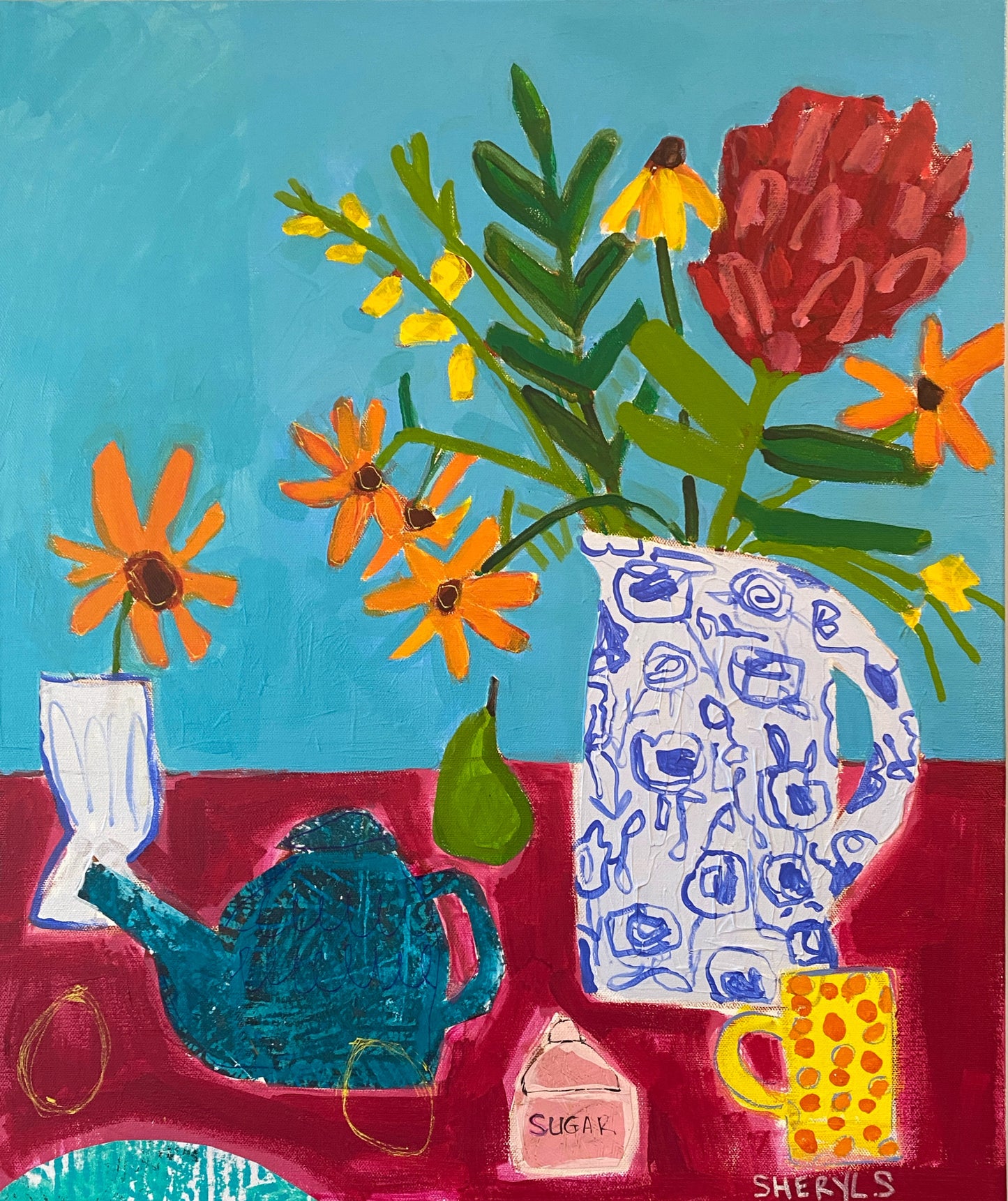 Floral with Teapot on Pink 20”x24” / Still Life Mixed Media  / Plate and Sugar / Original Wall Art for Sale