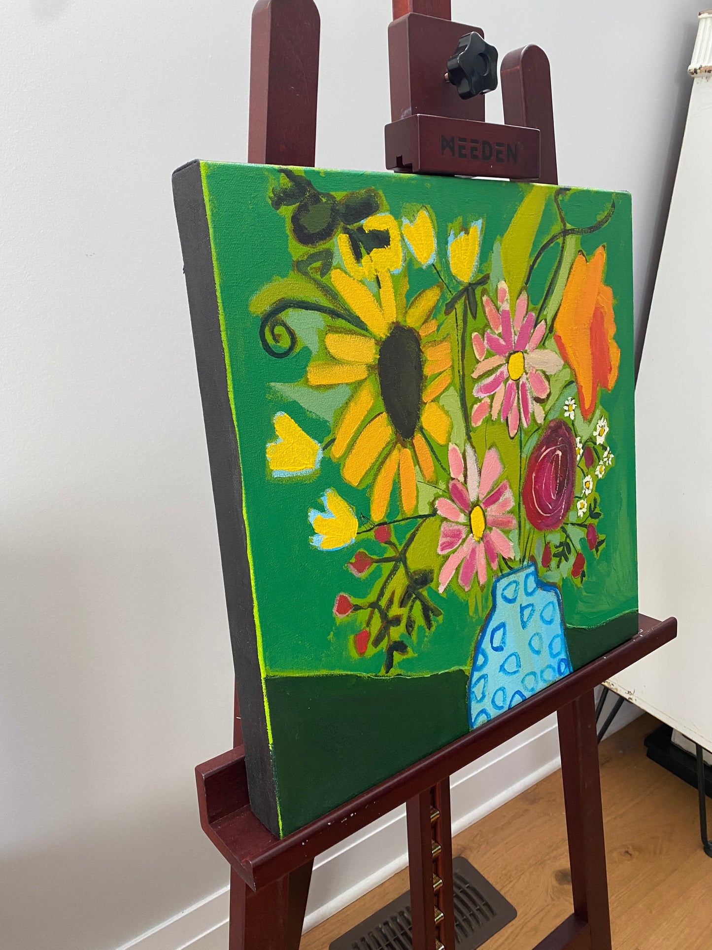 Orignal Wall Art / Fresh Cut Flowers in Green / Blue Vase With Flowers / Yellow Orange Pink /