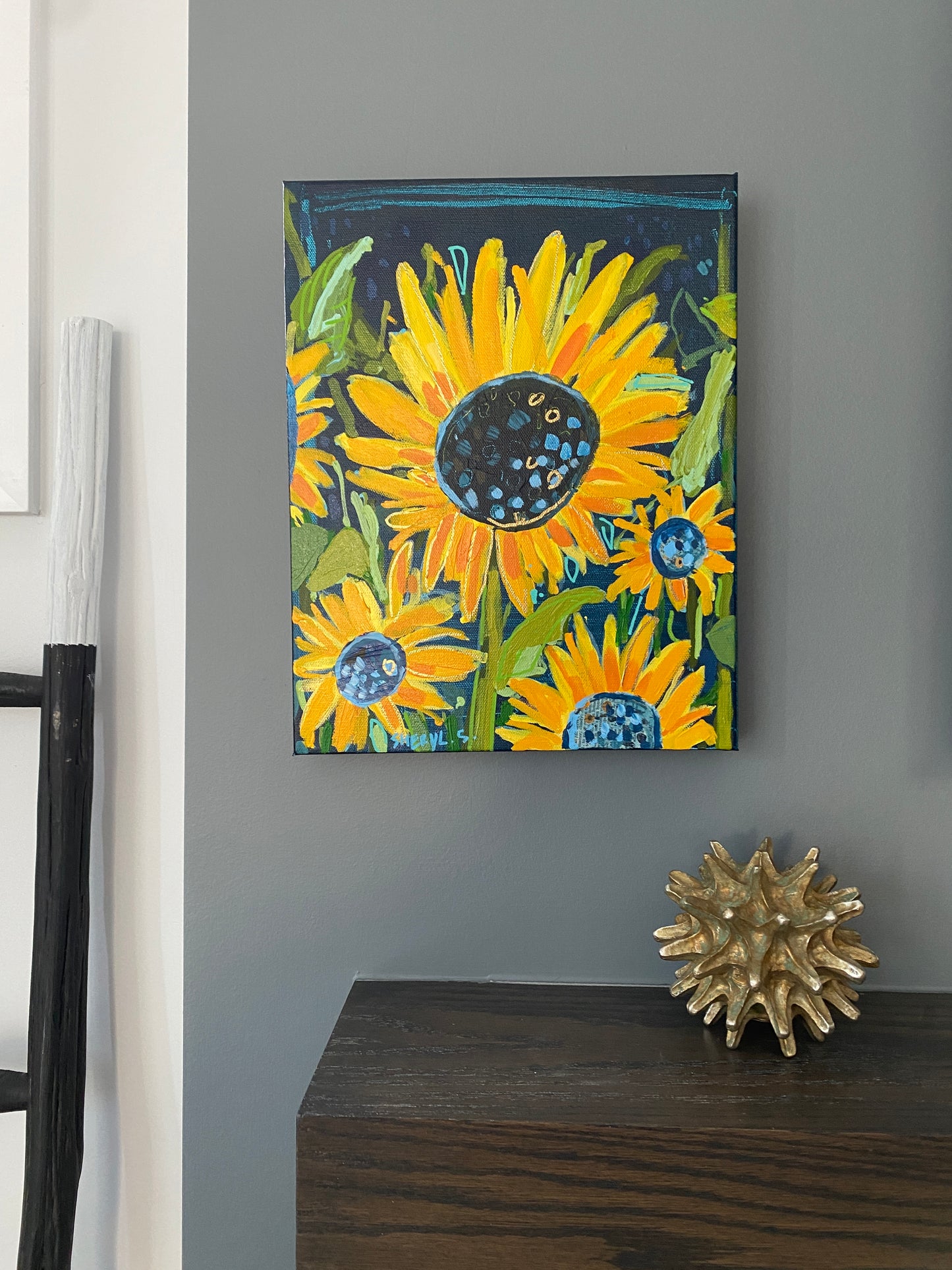 Sunflower Farm / Original Wall Art on Canvas / Navy Background/ 11”x14” Yellow and Orange