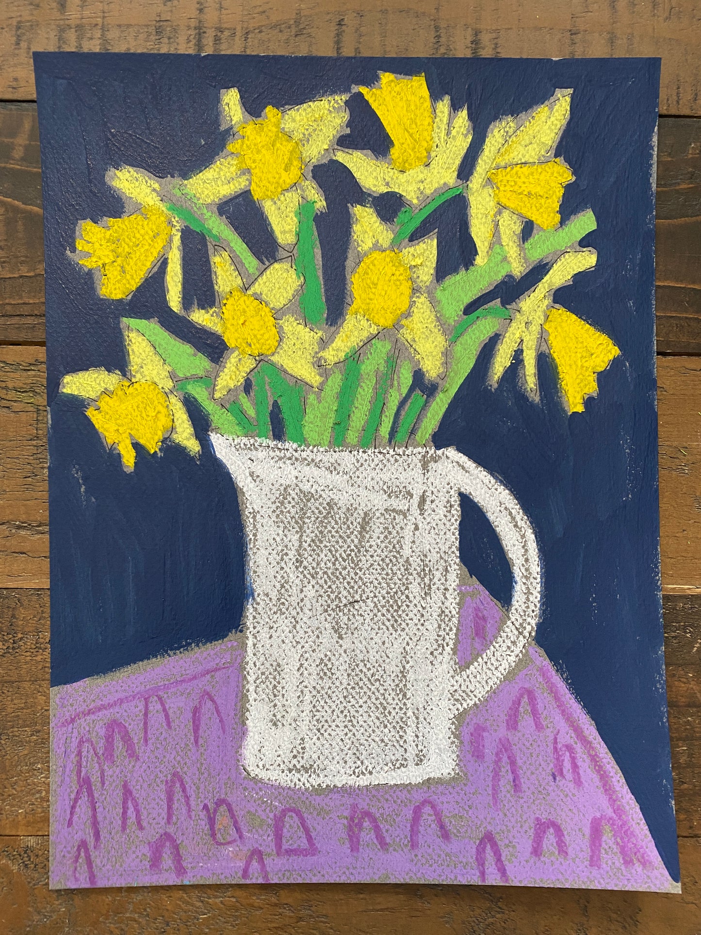 Daffodils in a White Vase / Mixed Media / Navy Blue / Purple / White ORIGINAL on paper