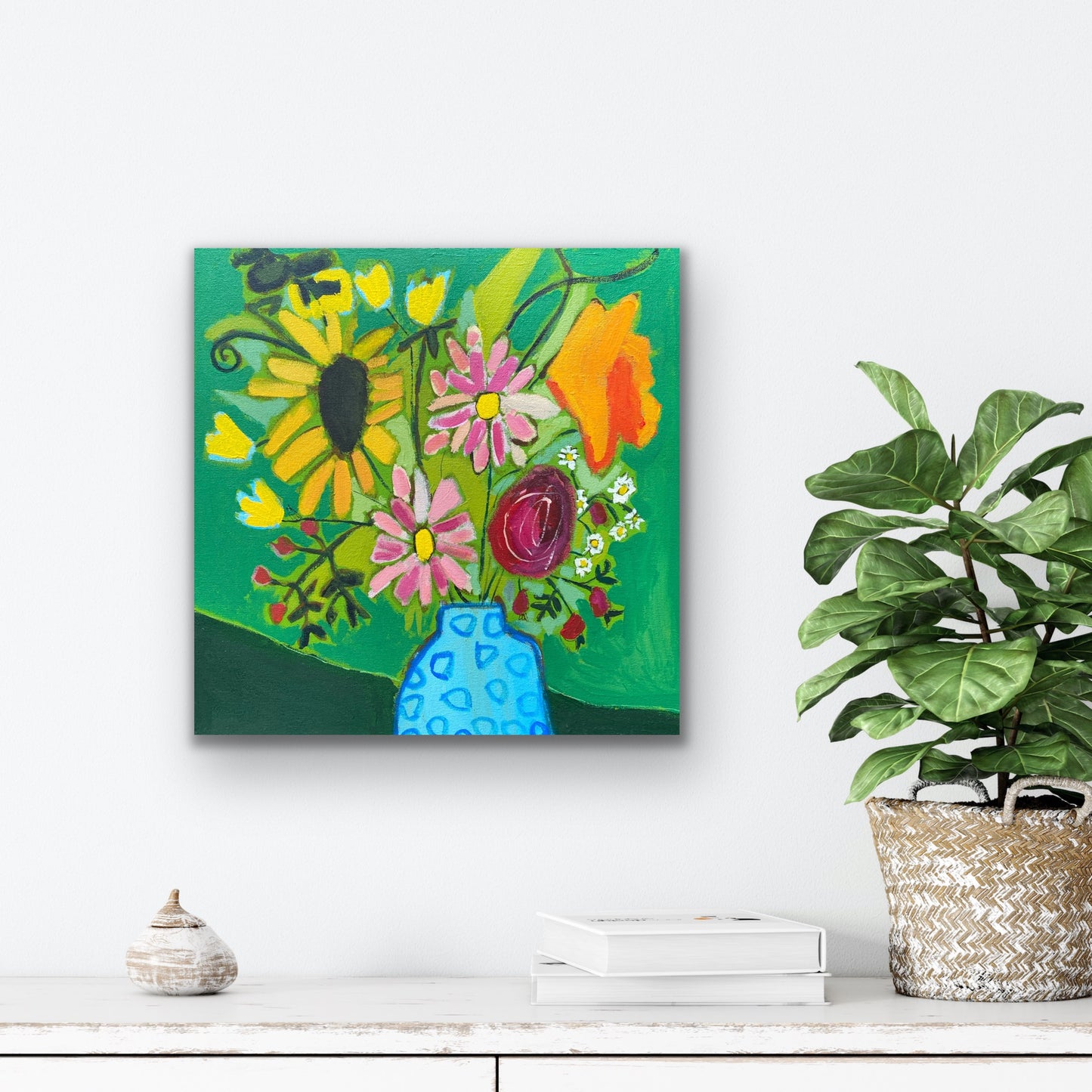 Orignal Wall Art / Fresh Cut Flowers in Green / Blue Vase With Flowers / Yellow Orange Pink /