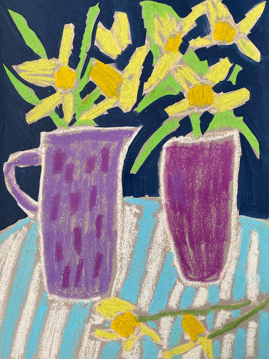 Daffodils with a Purple Vase / oil pastels on acrylic