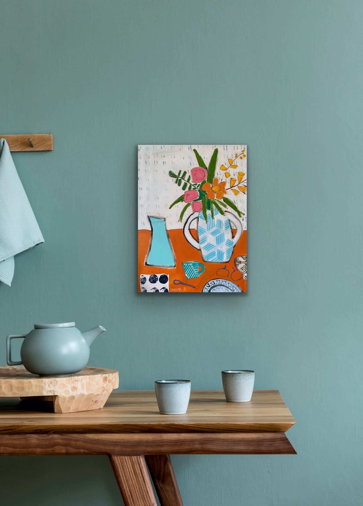 Floral with White Vase on Orange / 18”x24” / Original Painting on Canvas