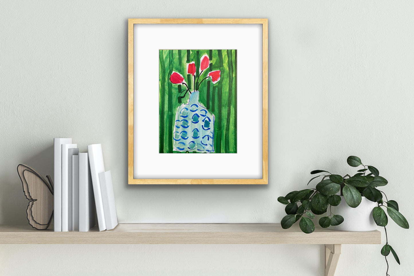 Fine Art Print / Blue Vase on Green Striped Wallpaper  9”x12”