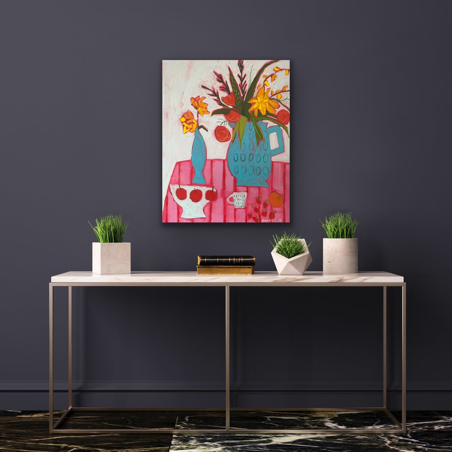 Floral with Apples and Strawberries 22”x28” / Vase with Flowers / Pink and Red Stripes