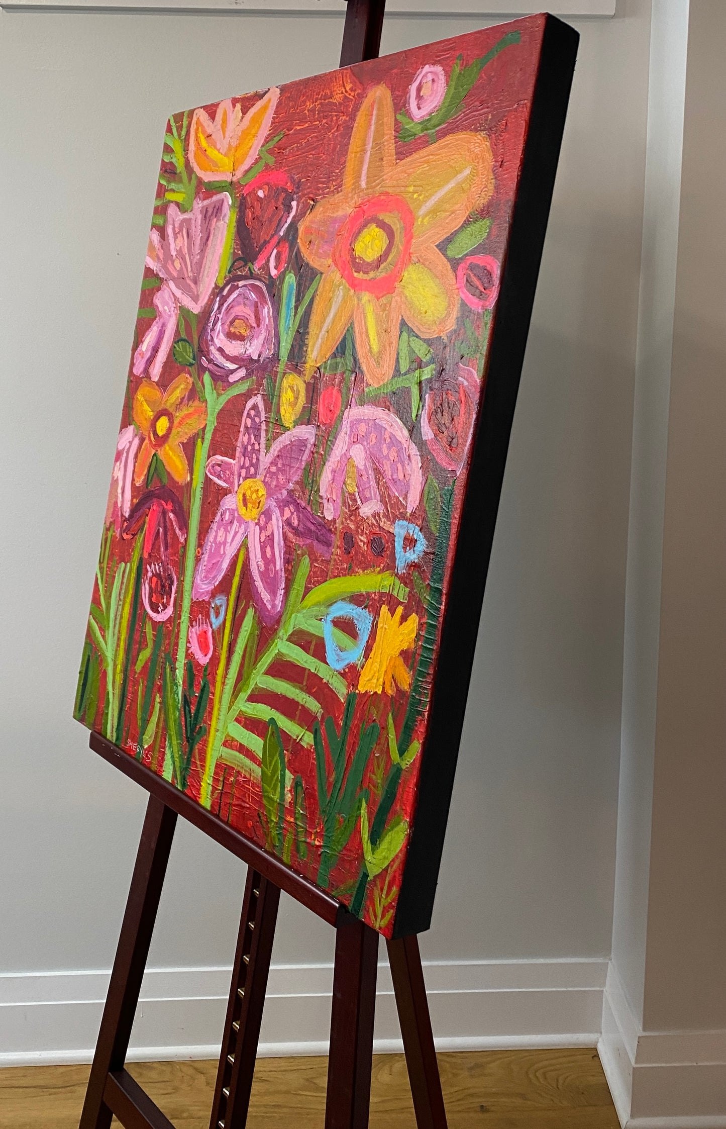 Original Art/ Plant a Seed / Warm Colours /Red Pink Orange / Abstract Botanical