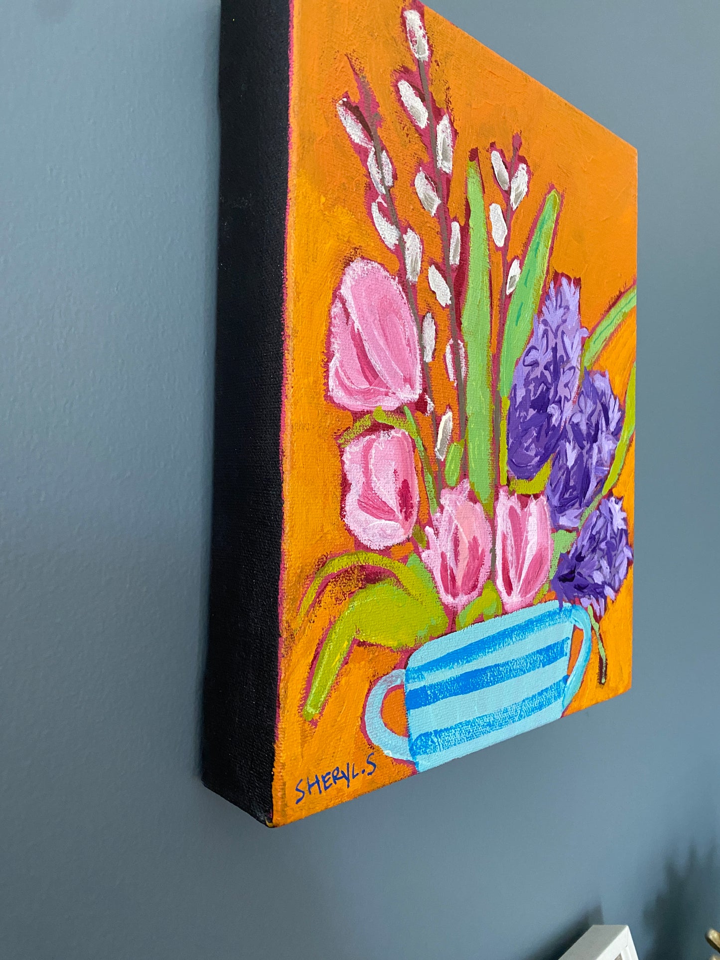 Tulips and Hyacinths on Orange / 8”x10” / Fine Art / Floral Art for Sale