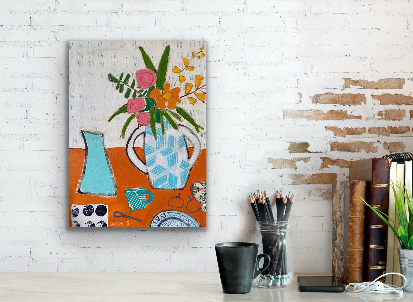 Floral with White Vase on Orange / 18”x24” / Original Painting on Canvas
