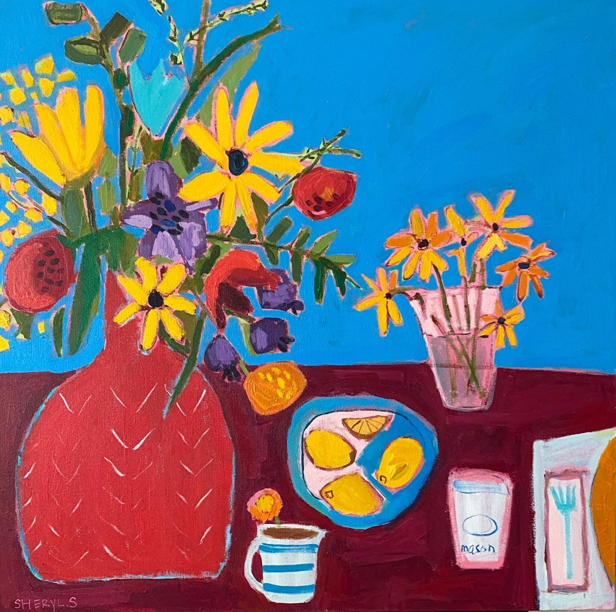 Cut Flowers / Red Vase / Still life /