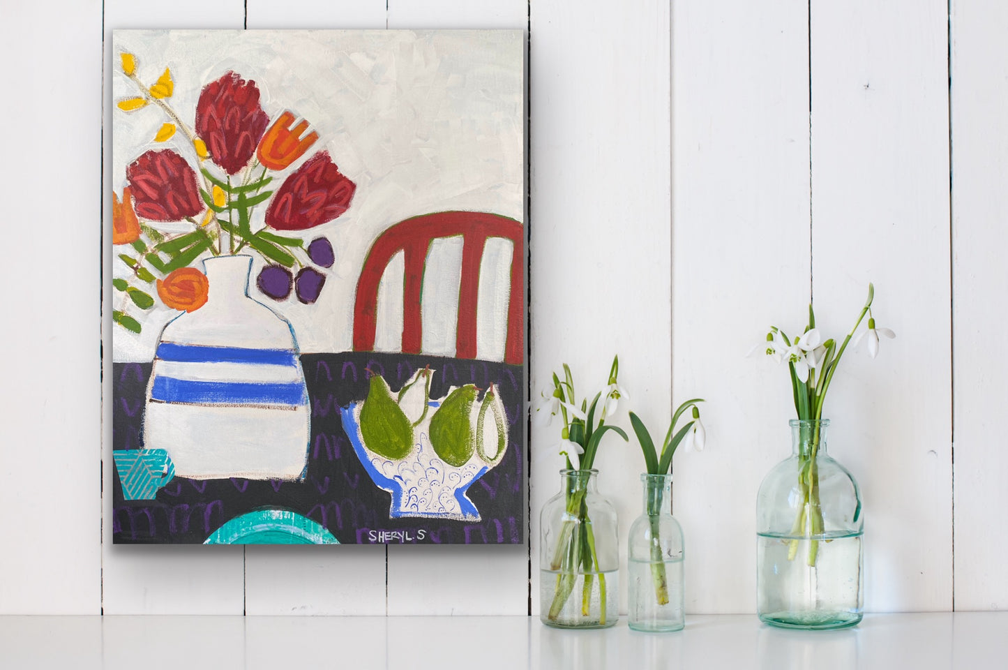 Protea on White 22”x28” /Red Chair / Bowl with Pears / Modern Floral Art for Sale on Canvas