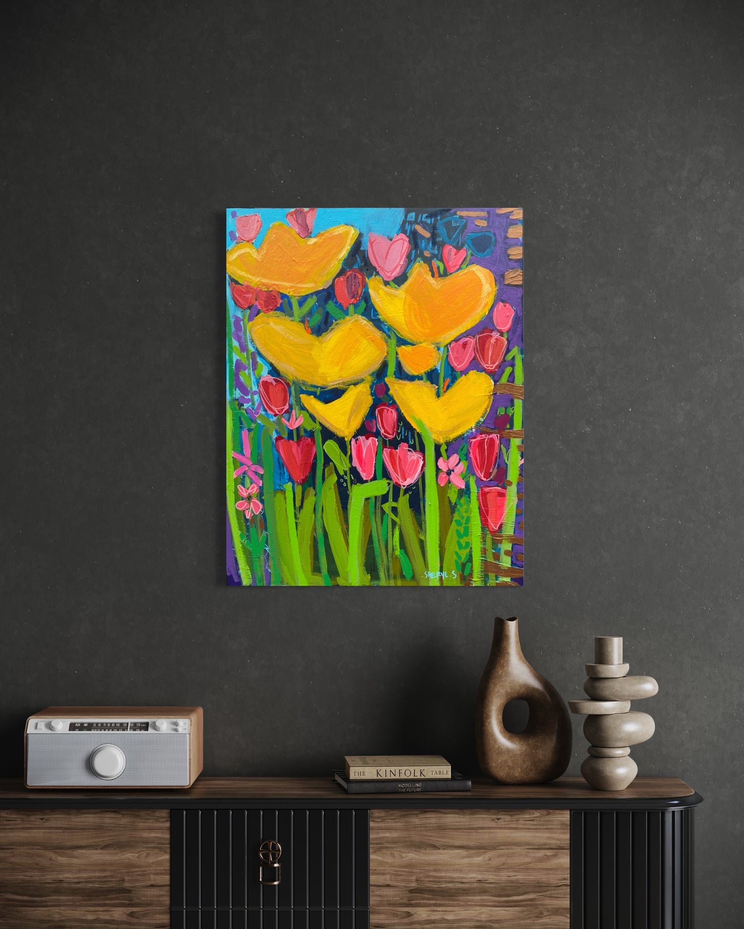 Original Art / Yellow Flowers with Pink and Red Tulips/ Botanical Wall Art