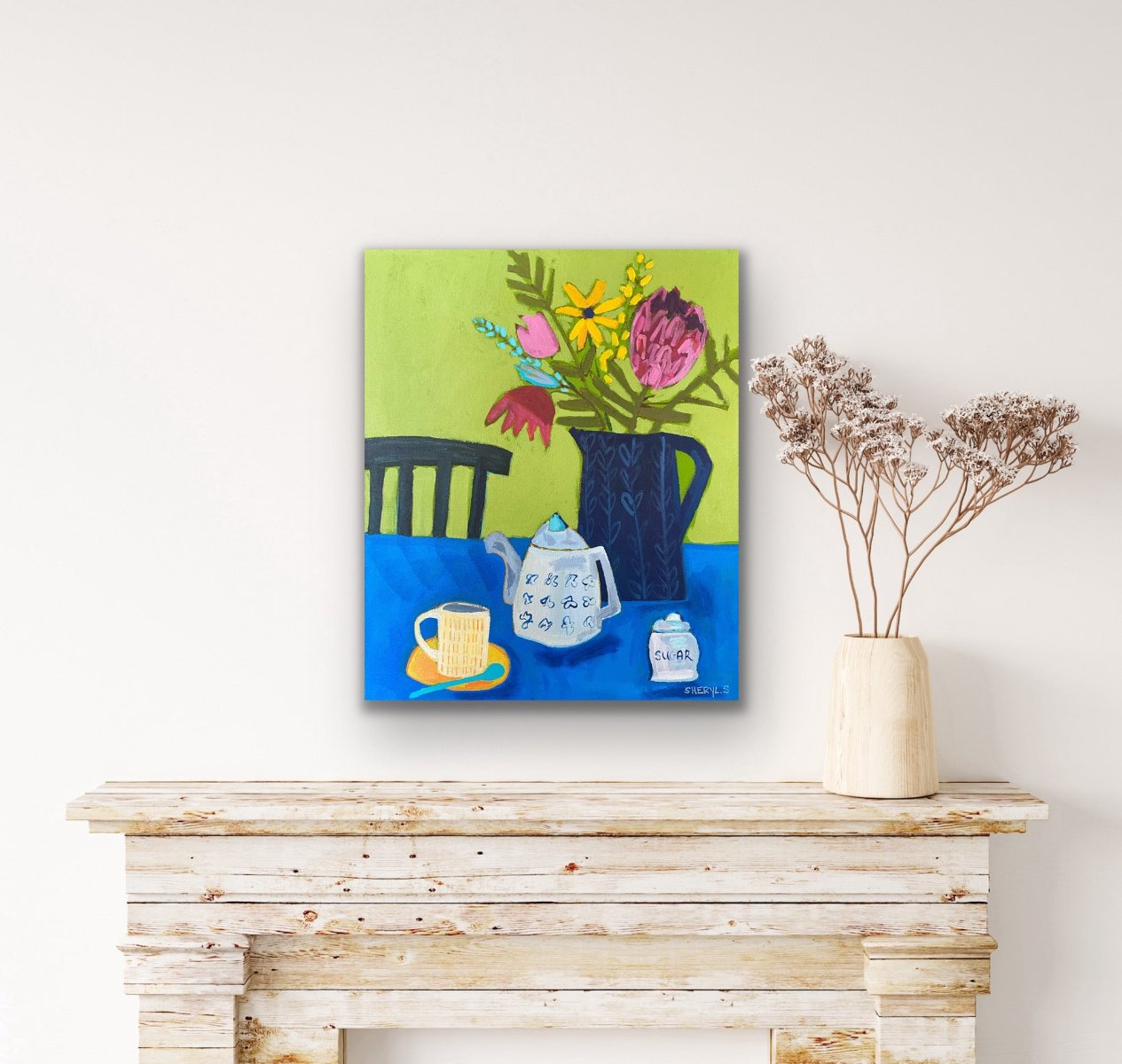 Original Wall Painting/ Afternoon Tea With Protea Flower/ 20”x24”