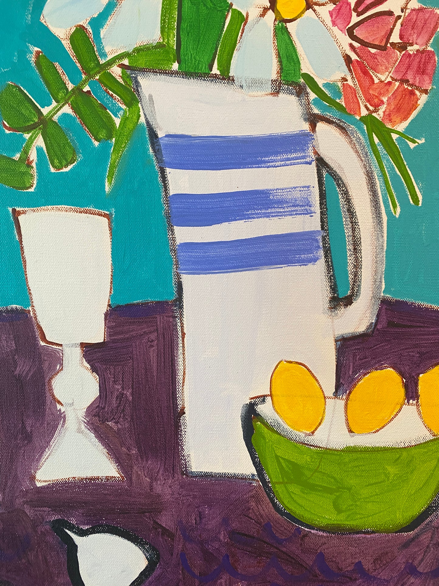 Floral Dinner for Two 18”x24” Teal and Purple / Wine and Glass / Fig / Original Art