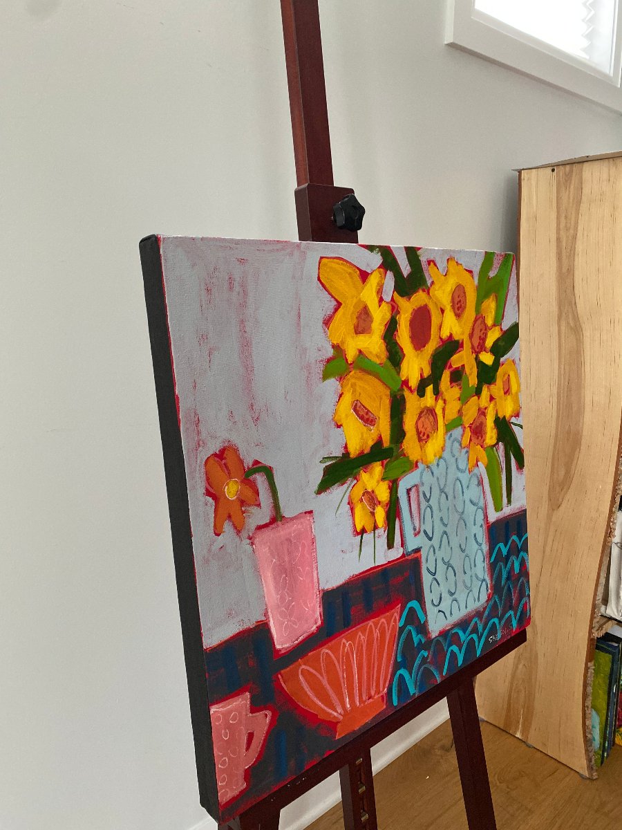Yellow Flowers on Grey / Vibrant Still Life Wall Art