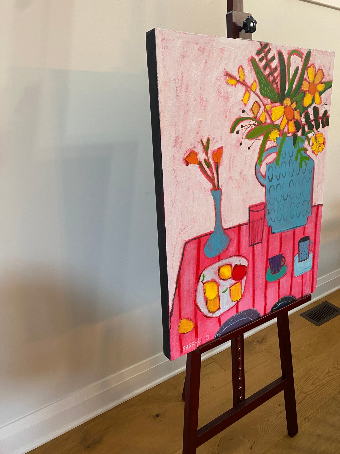 Blue Vase Yellow Flowers on Pink / Lemons with Applle / Tea Cups / 30"x24"