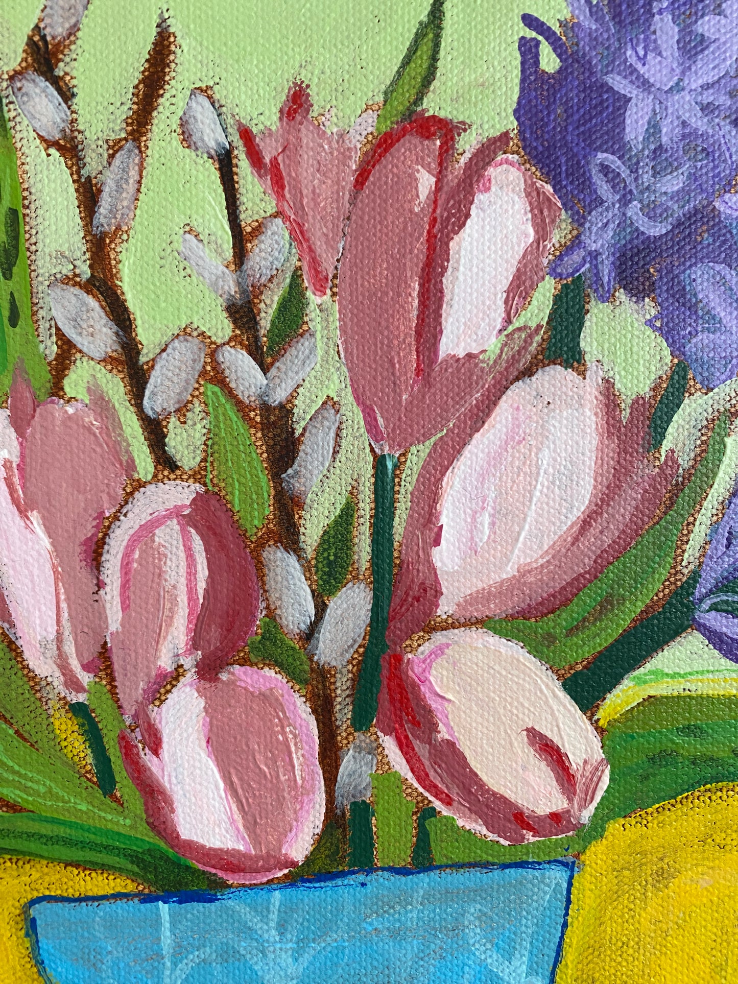 Original Wall Art / Hyacinth Tulips with Branches / 8”x8” / Painting on Canvas