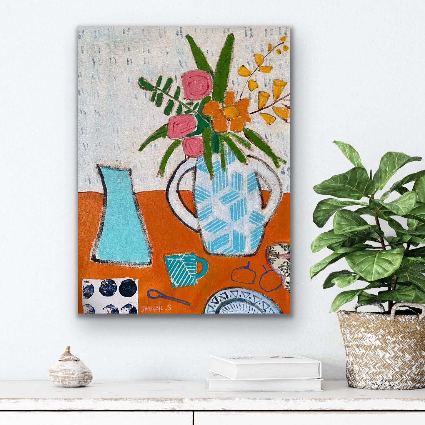 Floral with White Vase on Orange / 18”x24” / Original Painting on Canvas