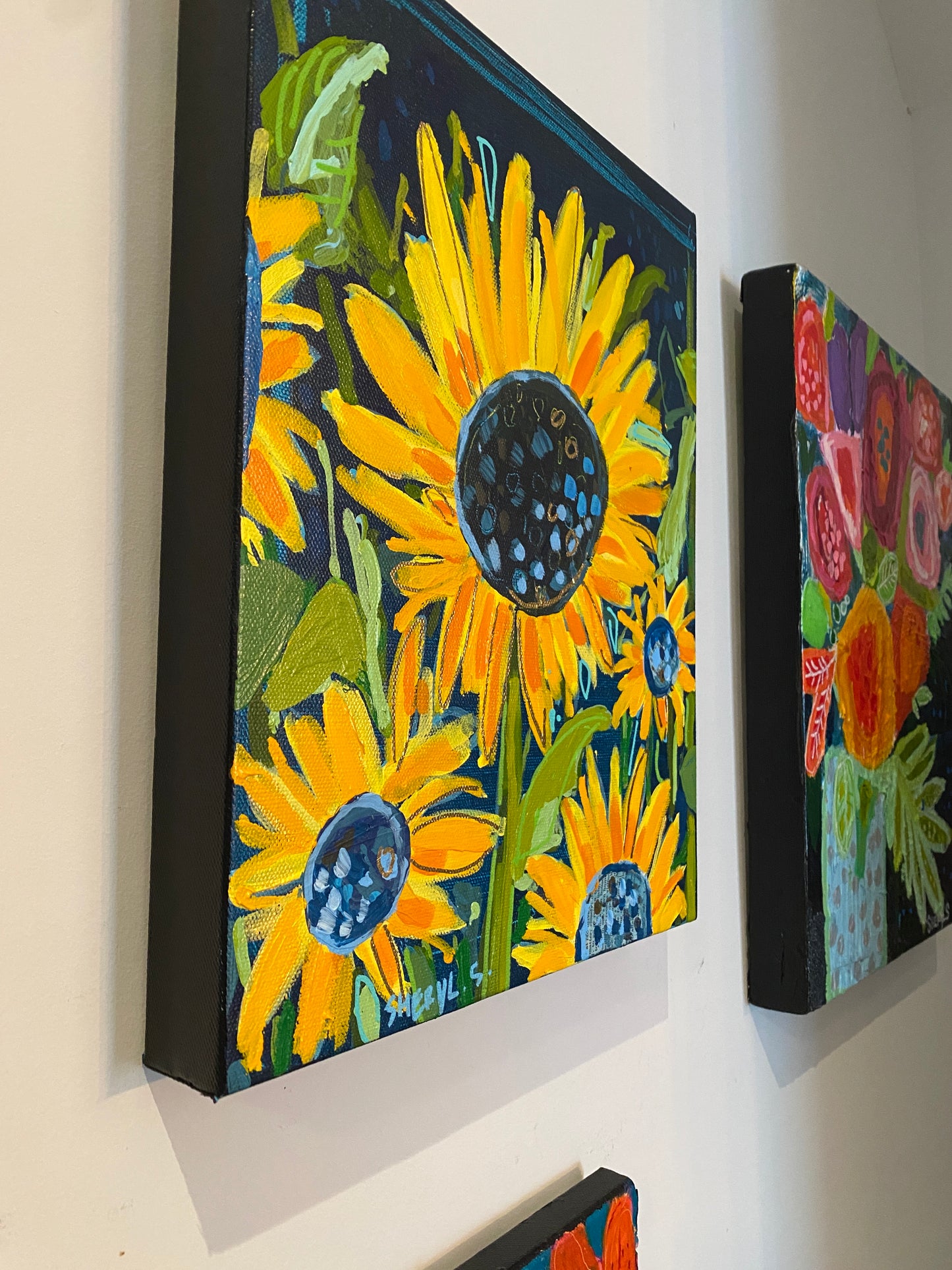 Sunflower Farm / Original Wall Art on Canvas / Navy Background/ 11”x14” Yellow and Orange