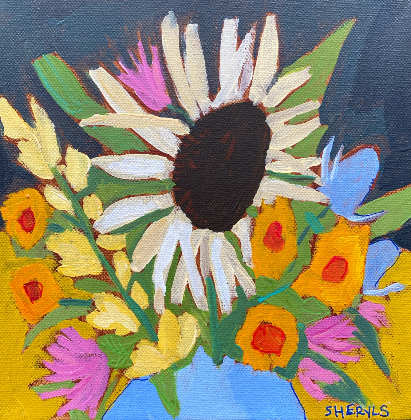 Original Wall Art / Botanical/ Sunflower, Strawflowers Sweetpeas / 8”x8” Painting on Canvas