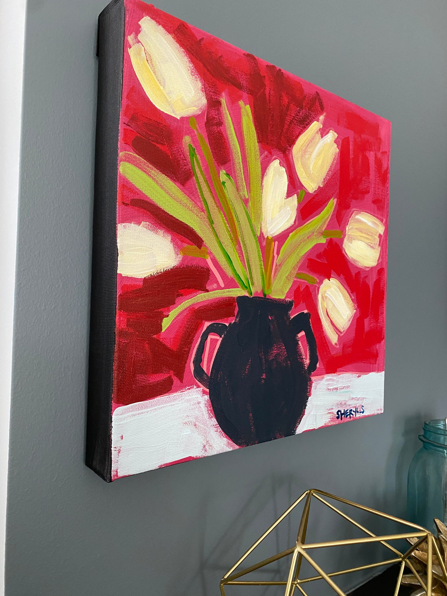 Yellow Tulips on Red / Original Wall Art on Canvas / 12"x12" /