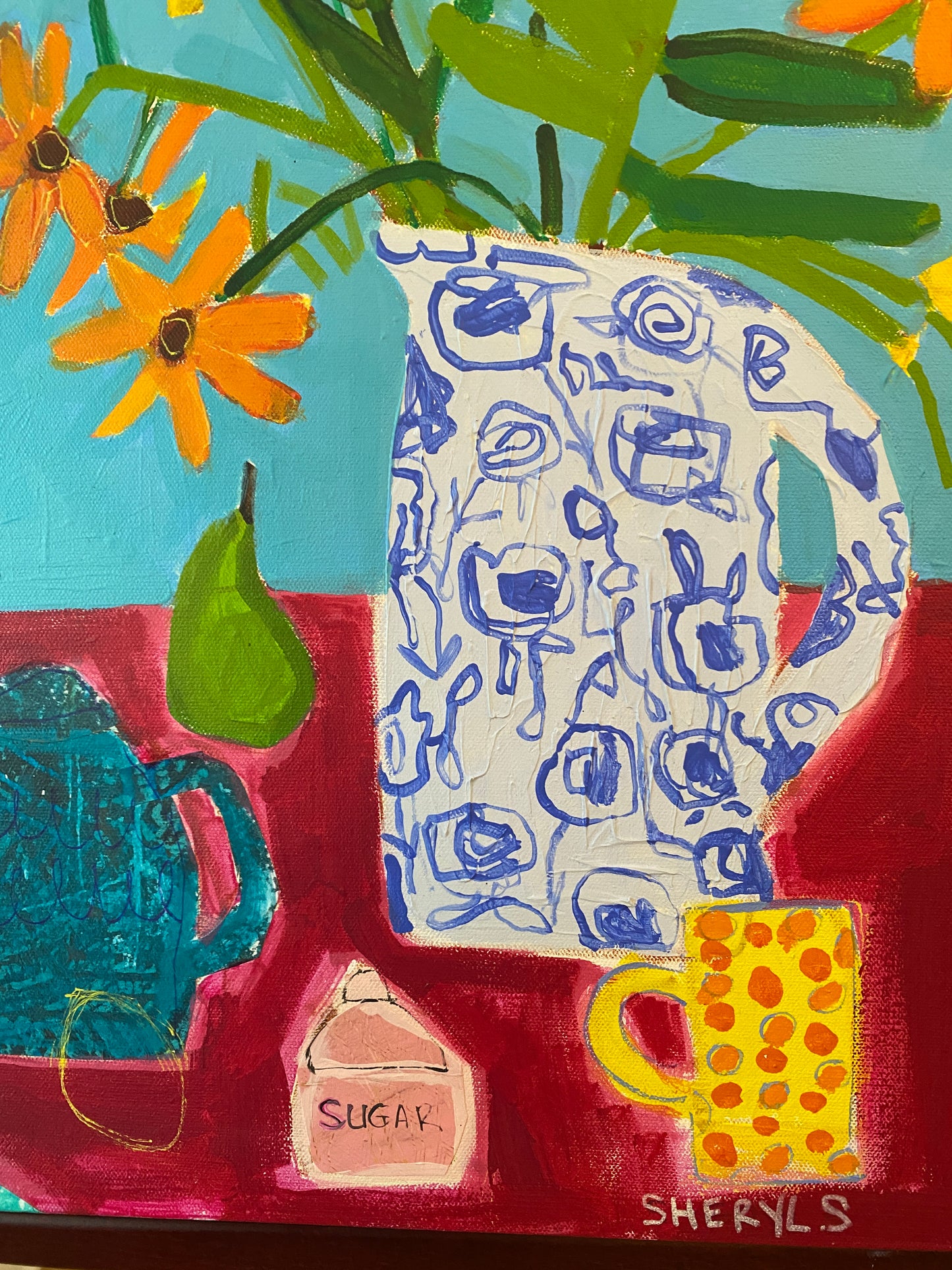 Floral with Teapot on Pink 20”x24” / Still Life Mixed Media  / Plate and Sugar / Original Wall Art for Sale