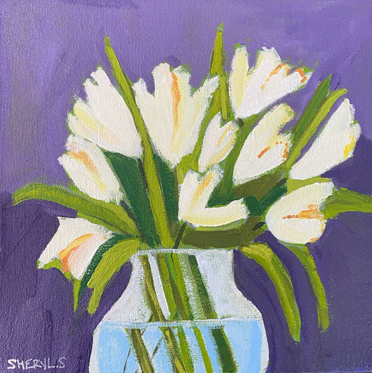 Original Art / White Tulips with Purple / Wall Art on Canvas / Floral / Botanical / Canadian Art Gallery