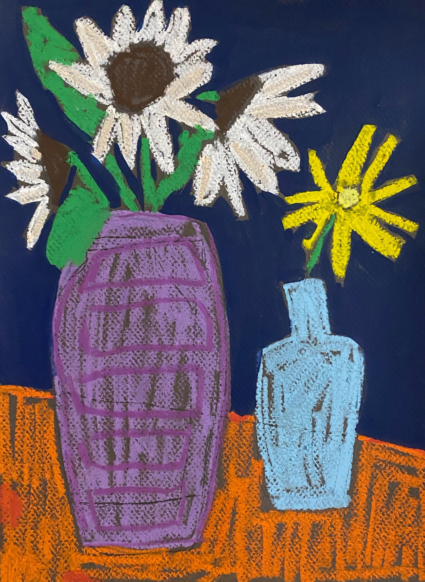 White Sunflowers on Navy and Orange / 9”x12” original art on paper