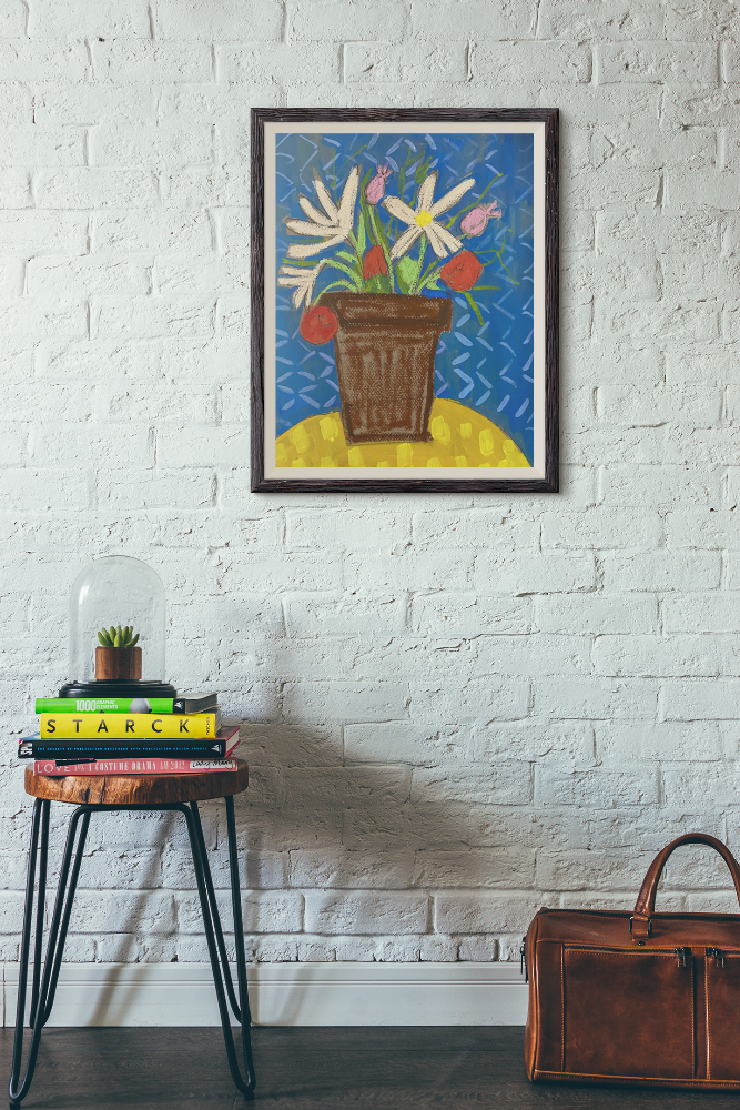 Floral on Navy and Brown / Vase / 12”x9” inches in paper/ oil pastel and acrylic ORIGINAL art on Paper
