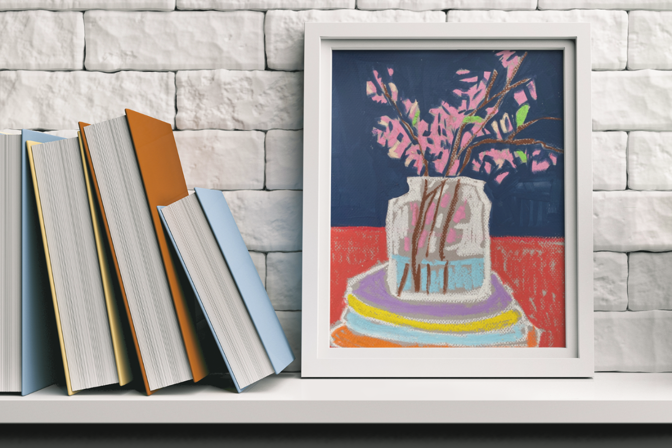 Vase with spring Branches / Pink Blossoms / Stacked plates/ 12”x9” original art on paper