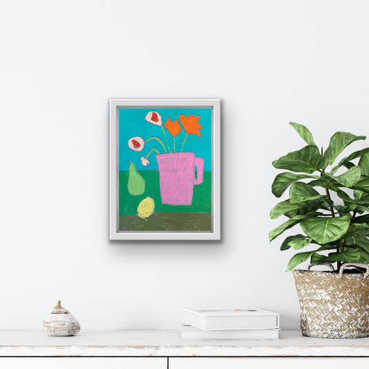 Original Wall Art / Floral with Pink Vase on Teal